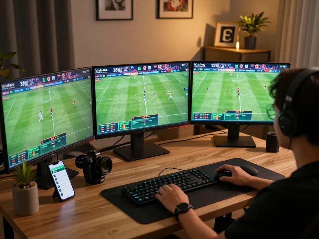 Xoilac TV user actively betting on a live football match with multiple screens displaying action