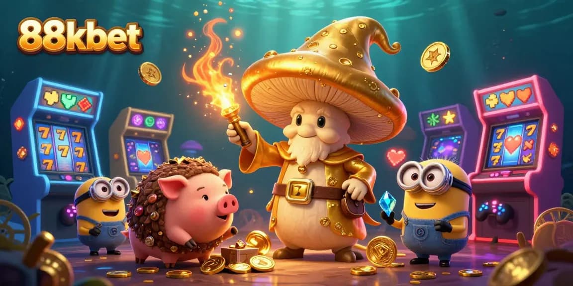 Experience casino magic with 88kbet's golden wizard and vibrant game elements in a dynamic scene.
