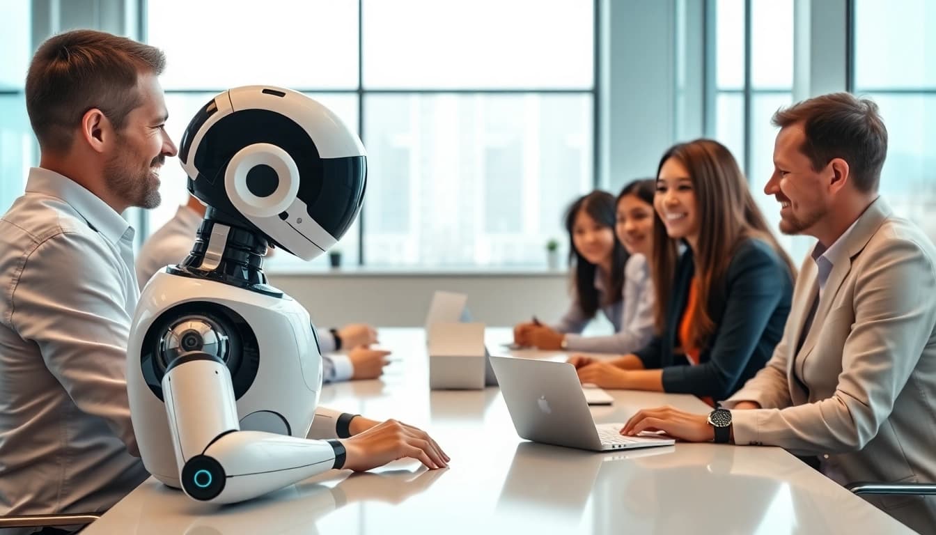 Showcasing an enterprise AI assistant aiding a diverse team in a modern office environment.