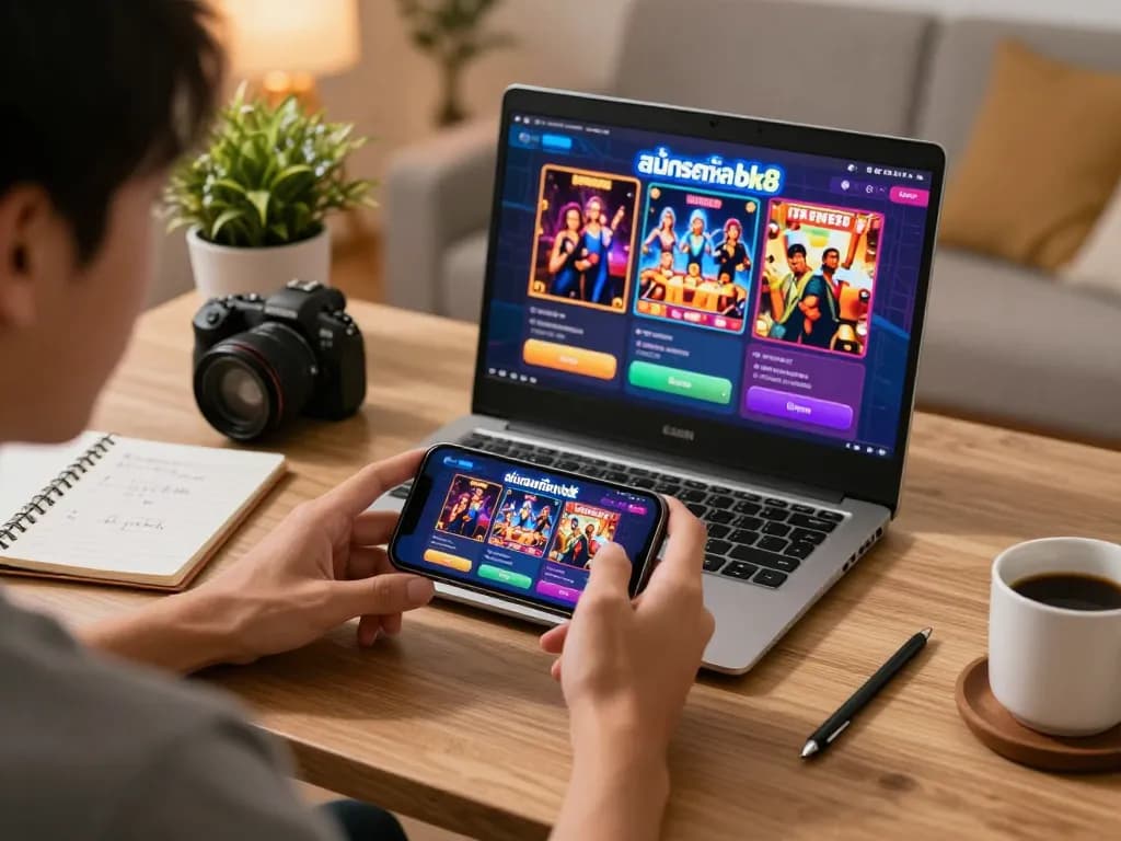 Engaging in สมัครสมาชิก bk8 while playing online casino games on a smartphone in a cozy home atmosphere