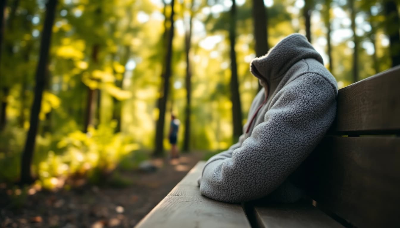 Geodkope fleece op een houten bankje in een rustige bossetting.