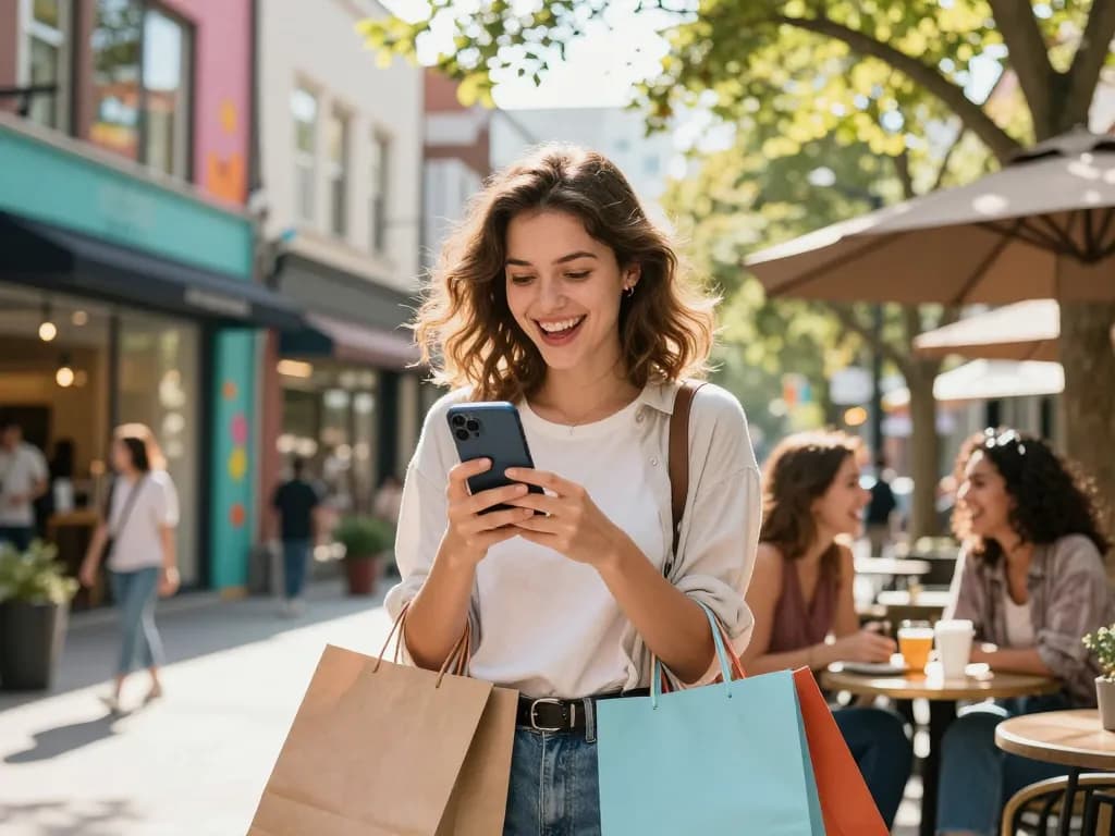 Young woman exploring HUbet88.com for new products while enjoying urban shopping.