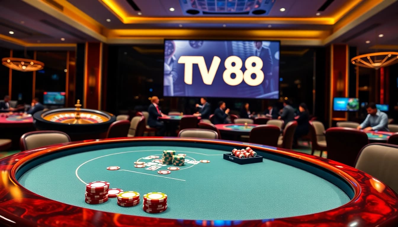 Engaging in a thrilling poker game at TV88 casino, complete with vibrant chips and cards.