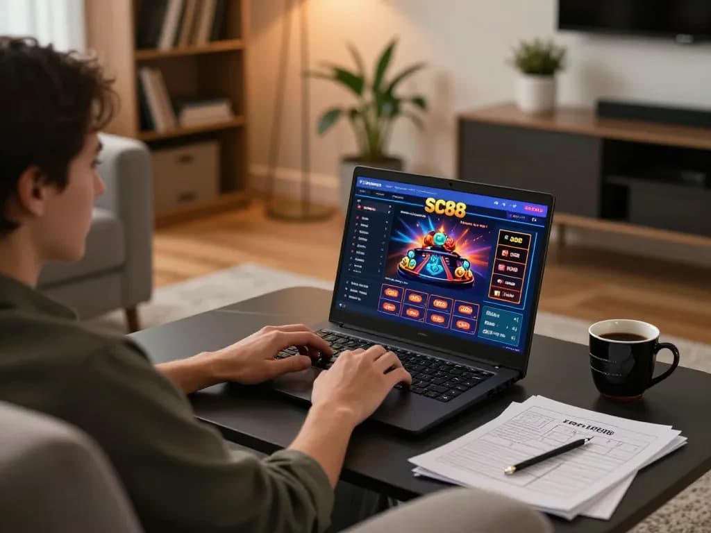 Player engaging with SC88 online casino on laptop, showcasing responsible gambling in a cozy home setting.