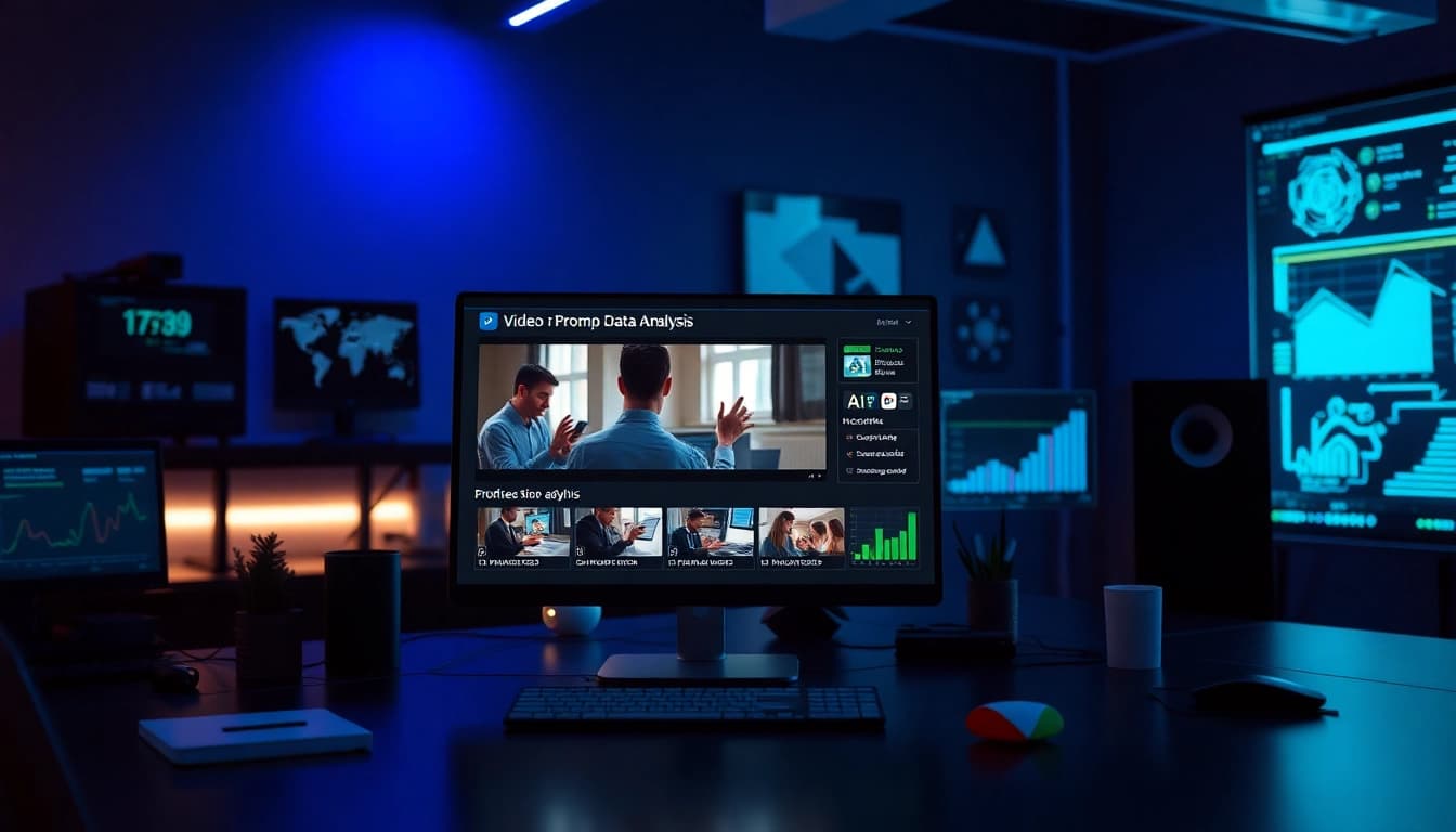 Transform video to prompt with AI in a modern workspace, showcasing innovative analysis.