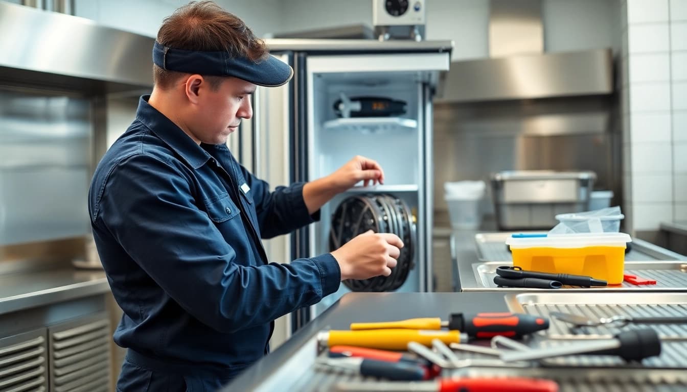 Technician providing Commercial Freezer Repair service in a professional kitchen.
