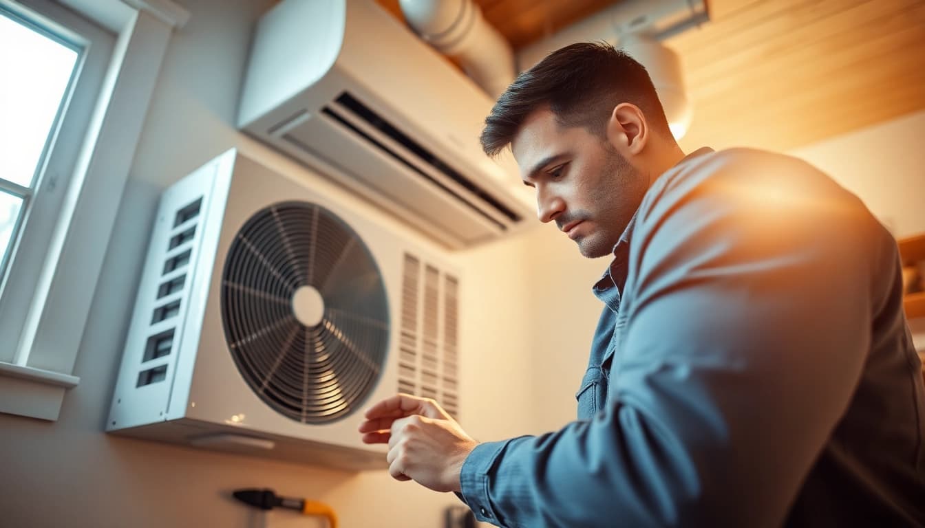 Technician engaged in emergency HVAC repair, showcasing professionalism and skill.