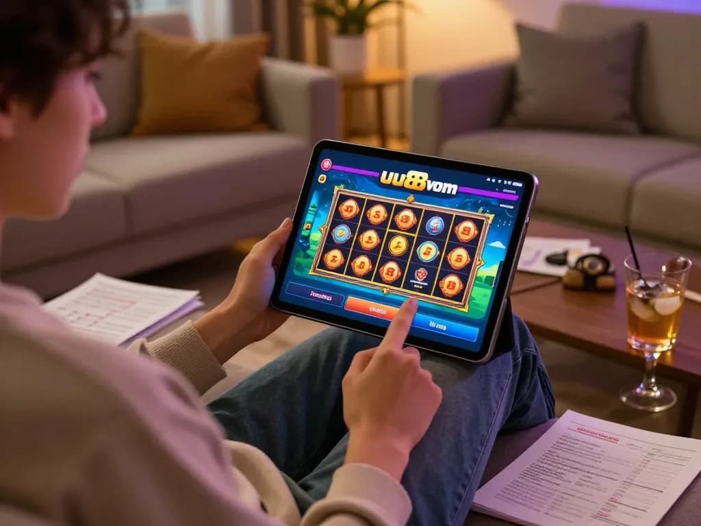 Player immersed in uu88 vom online gaming experience on tablet, enjoying cozy atmosphere with betting notes.