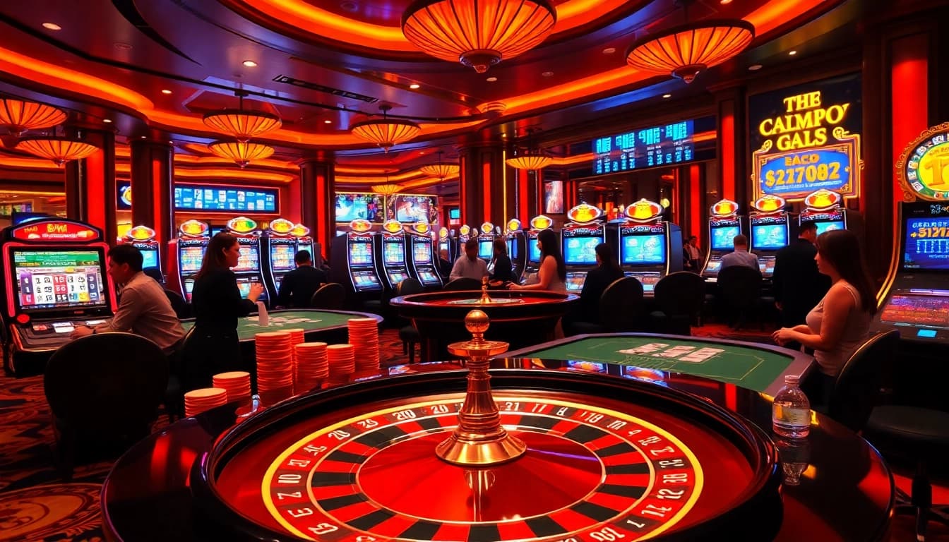 Exciting scene of gamblers using the Tool xổ số siêu tốc with roulette and poker elements.