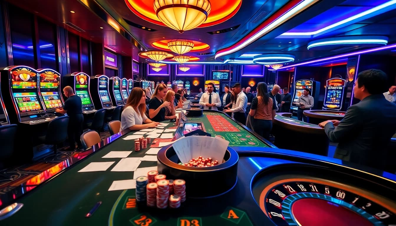 Cheerful gamblers enjoying PS99 thể thao in a vibrant casino atmosphere.