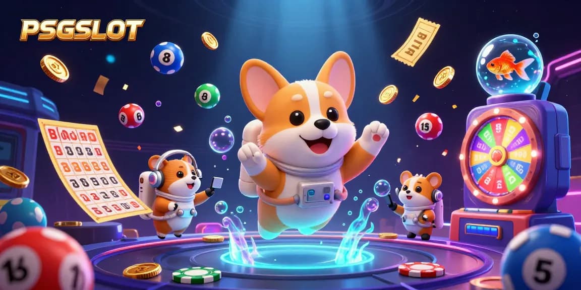 PSGSLOT hadir dalam ilustrasi 3D yang menampilkan astronaut corgi, hamster, dan ikan jenahak di kasino luar angkasa.