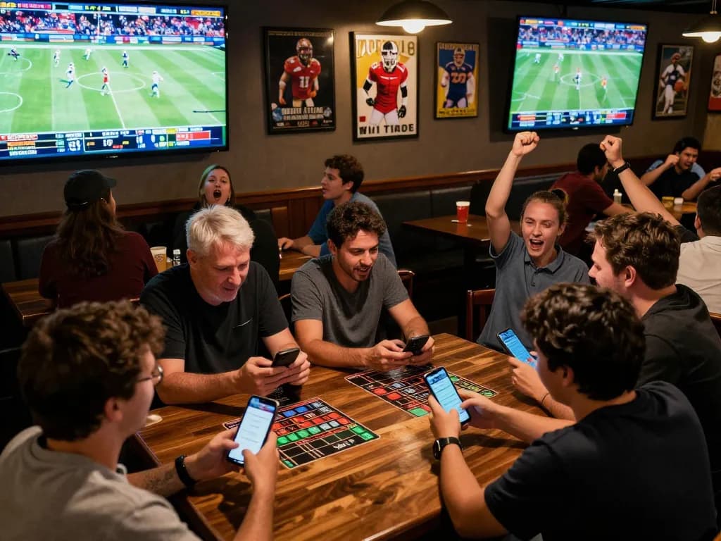 Sports betting excitement at Manclub with patrons cheering and placing bets in a lively bar atmosphere