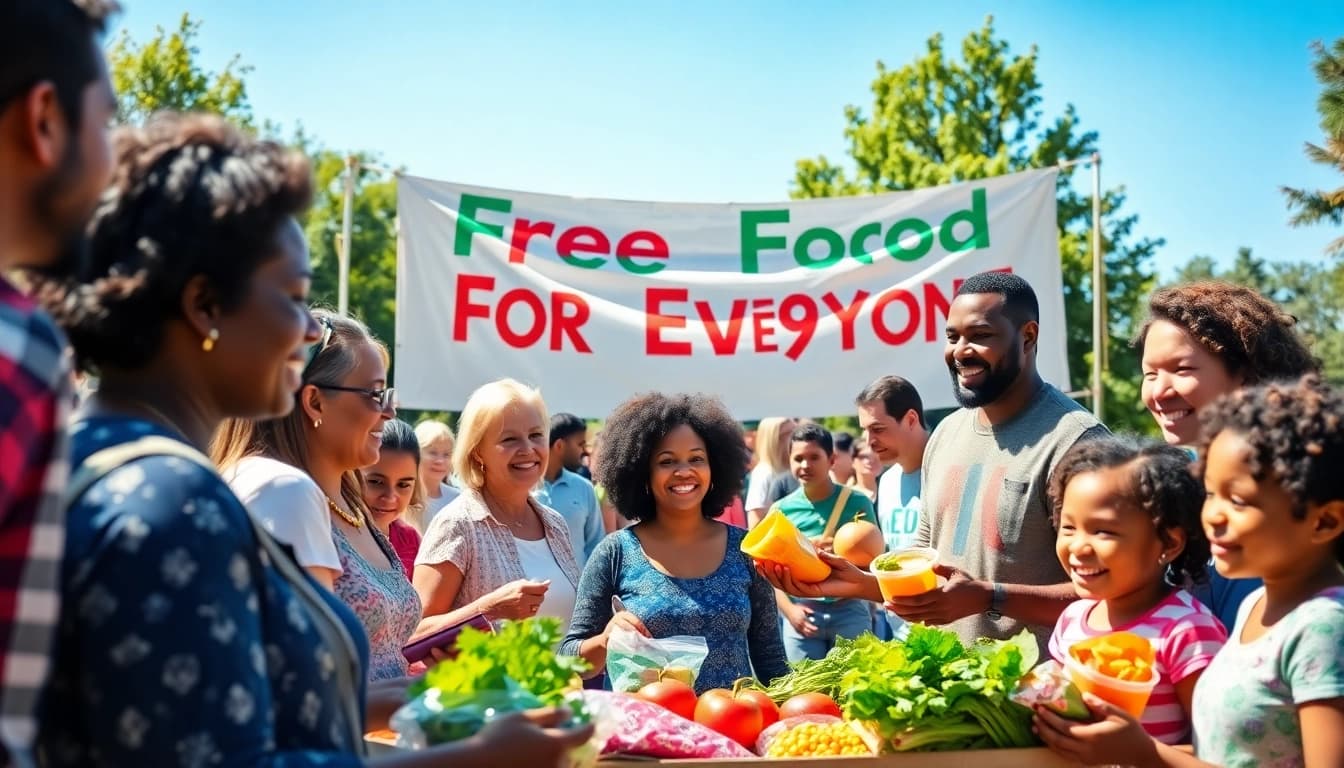 Families and volunteers engaging joyfully at a Free Food distribution event in the park.