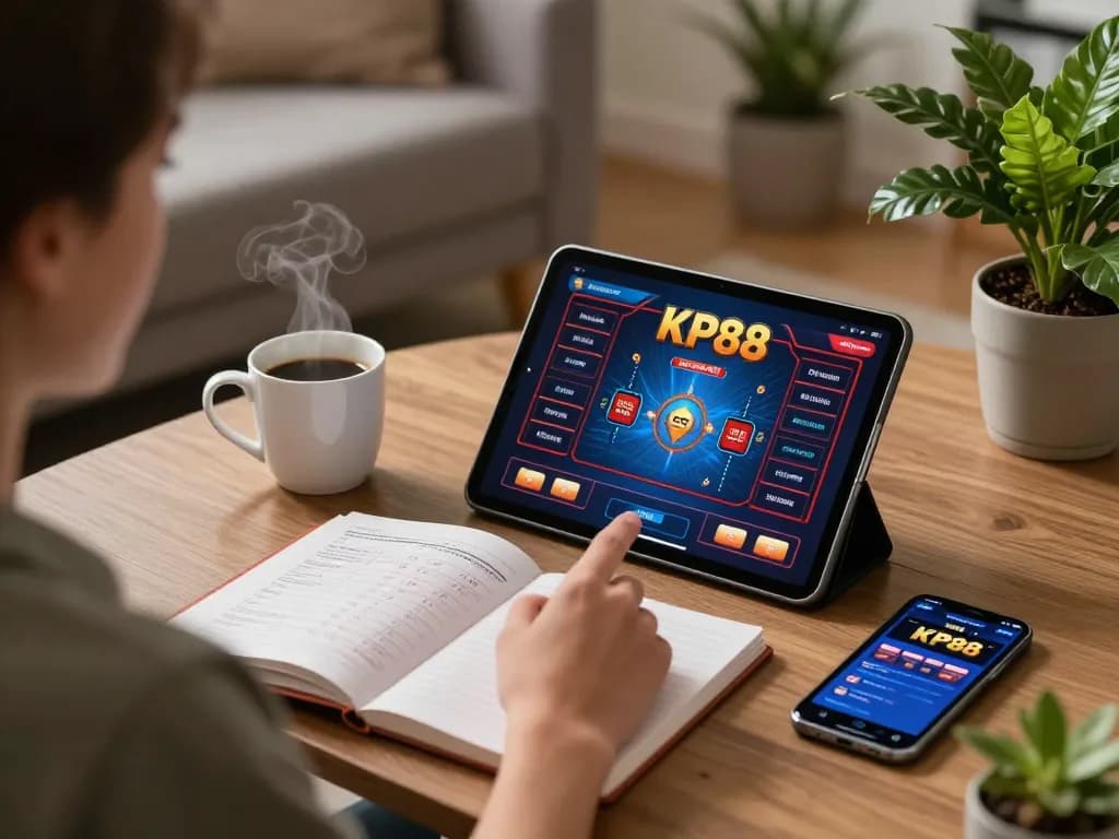 Player immersed in KP88 online gambling on a tablet with strategies open, showcasing a cozy gaming environment.