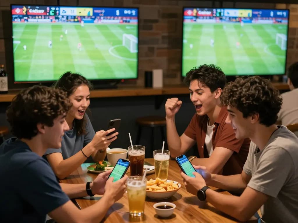 Cakhiatv sports fans enjoying live betting during a match with drinks and excitement.