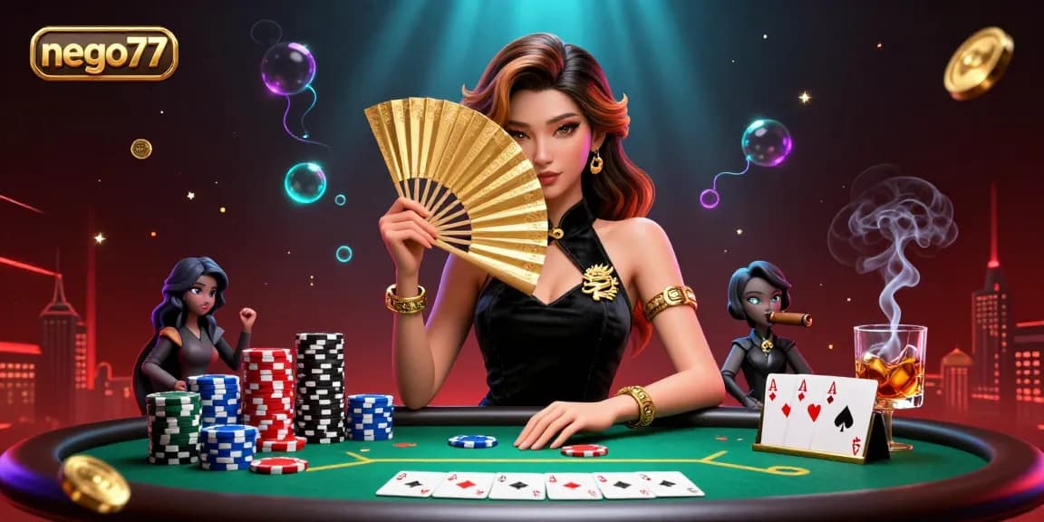 Experience the excitement of nego77 with a stunning 3D illustration showcasing dynamic poker elements and a captivating character.