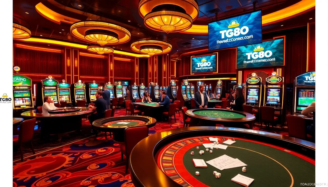 Experience high-stakes gaming excitement at tg88 com with vibrant poker tables, slot machines, and luxurious casino ambiance.