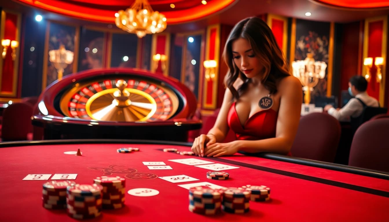 Engaging X88 casino scene with vibrant roulette wheel and elegant dealer interaction