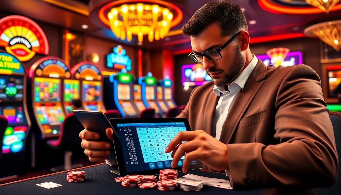 Pemain togel menganalisis prediksi Utama4D Togel di meja kasino yang ramai dengan mesin slot berwarna-warni.