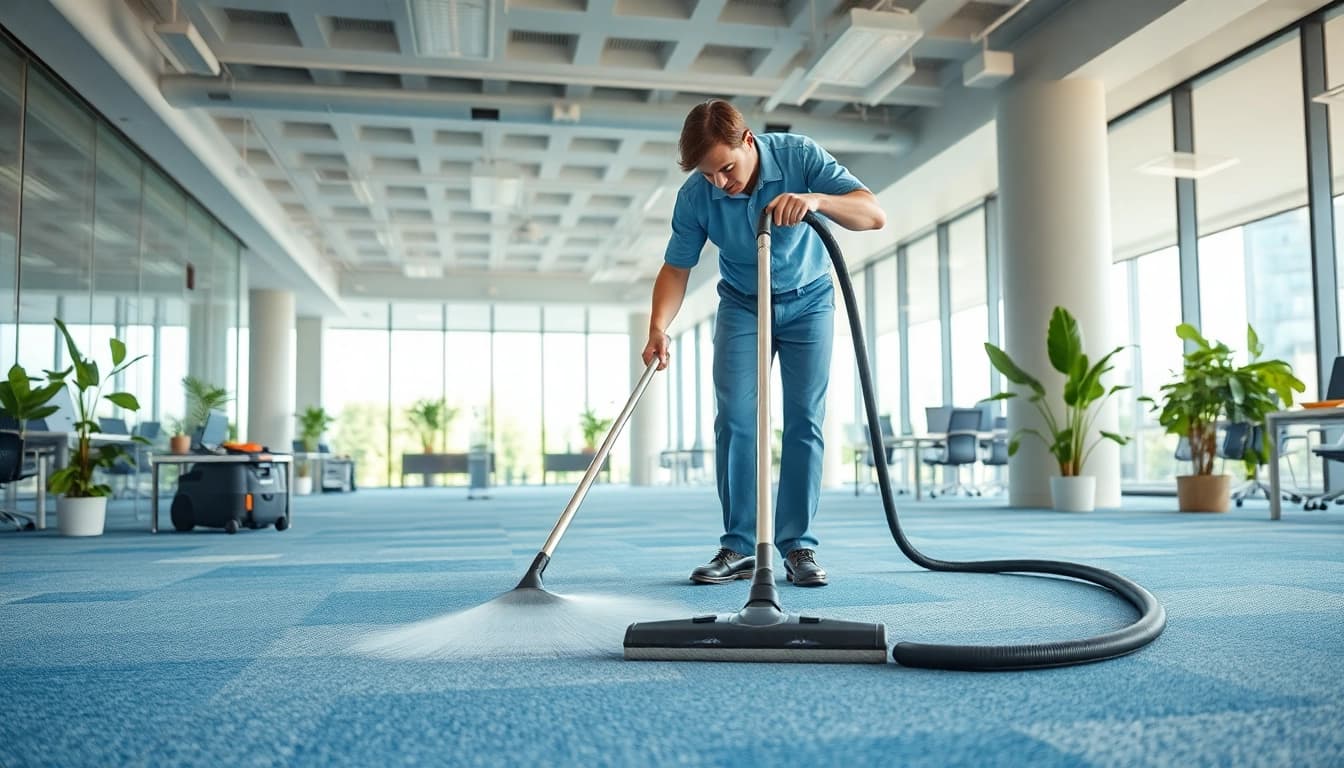 Technician demonstrating effective commercial carpet cleaning in an office setting with modern equipment.