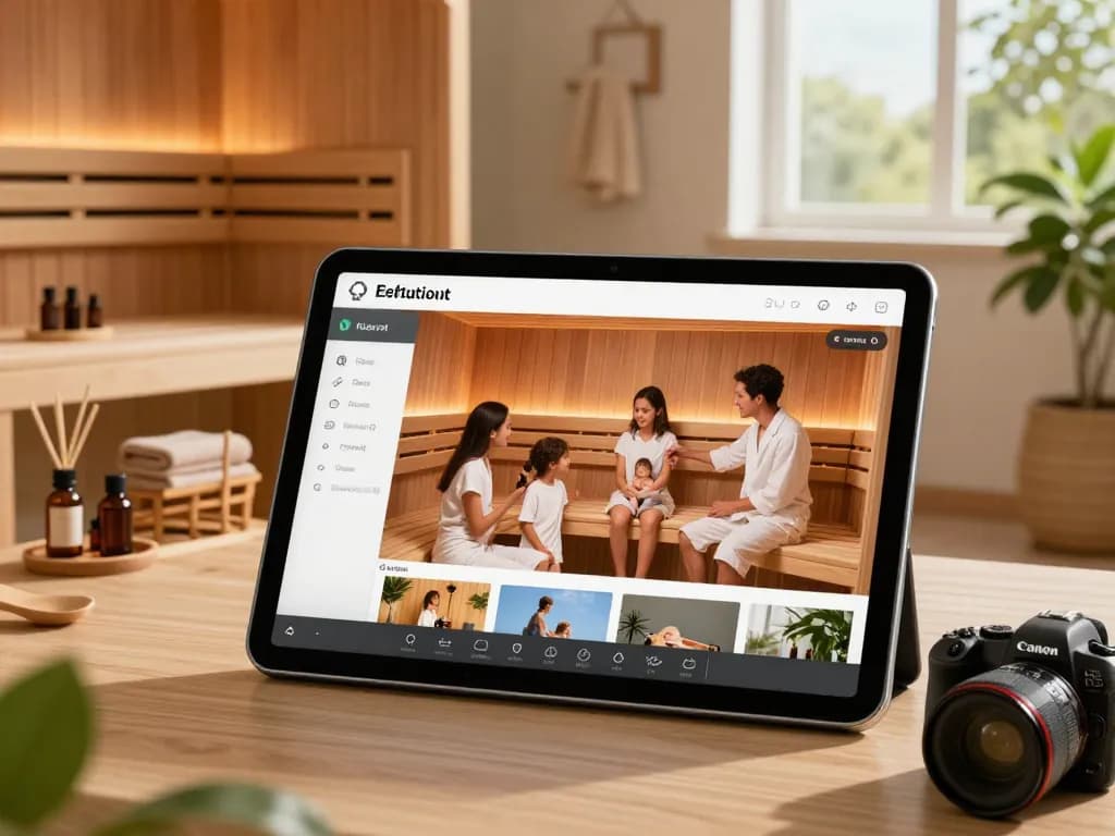 Designing a sauna 3D configurator layout with family in a serene spa environment.