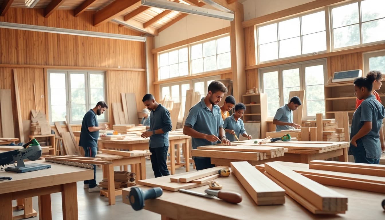 Students learning carpentry skills in Durban through hands-on projects in a well-lit workshop.