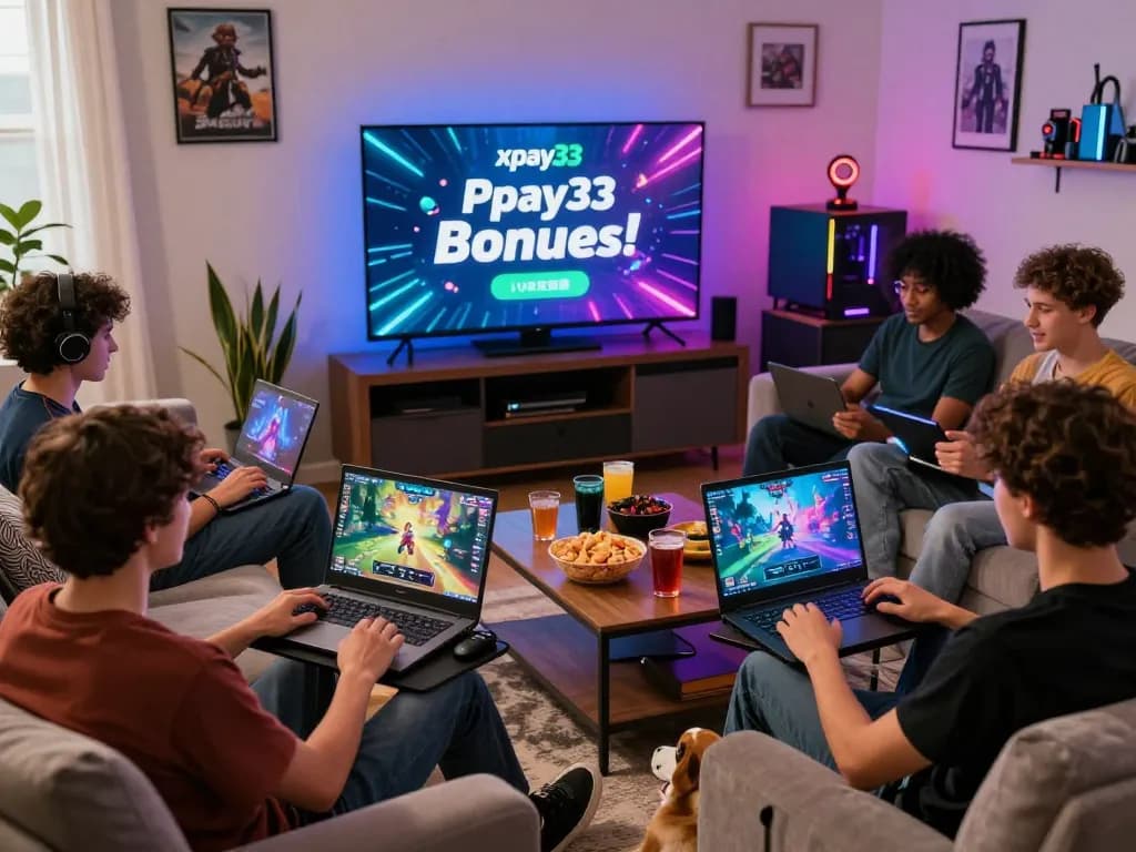 Friends enjoying gaming night with xpay33 bonuses displayed on screens, highlighting the vibrant atmosphere.