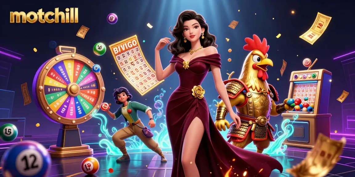 Win big at motchill with vibrant lottery balls and engaging gaming elements in an exciting scene.