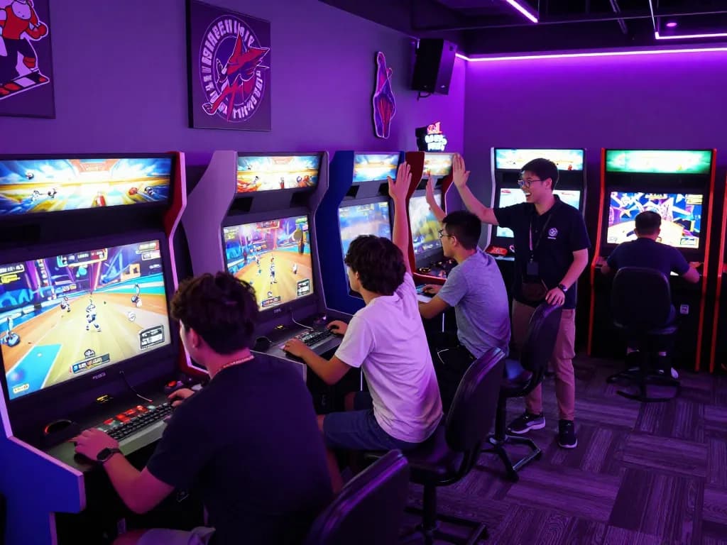 Engaging gaming scene at mantra88, featuring neon-lit arcade with players enjoying various games in a lively atmosphere.