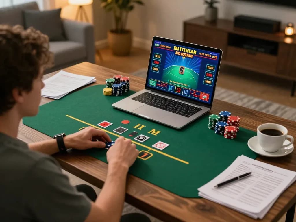 Engaging in an online blackjack game with thabet on a laptop at home, showcasing gaming strategy and comfort.