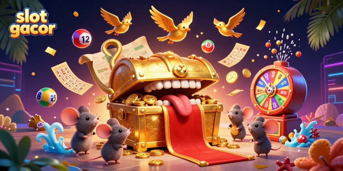 Engage with slot gacor's vibrant gambling landscape featuring cartoon treasure chests and vibrant game elements.
