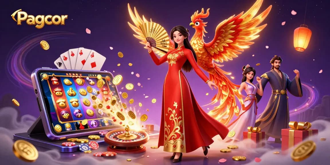 Experience thrilling Pagcor casino gameplay with a stunning illustration of a graceful woman and phoenix.