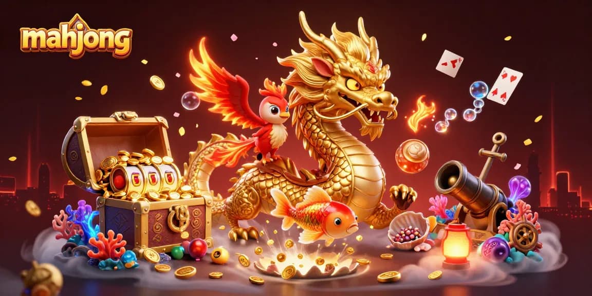Engage in Mahjong gaming excitement with vibrant visuals and characters amidst a treasure-filled scene.