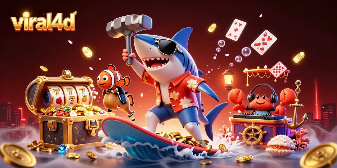 Join the gaming excitement with viral4d as a shark surfs on golden coins amidst slot reels and animated cards.