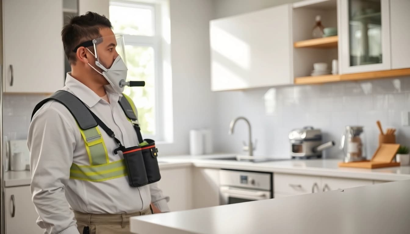 Cockroach extermination service technician diligently inspecting a kitchen for infestations.