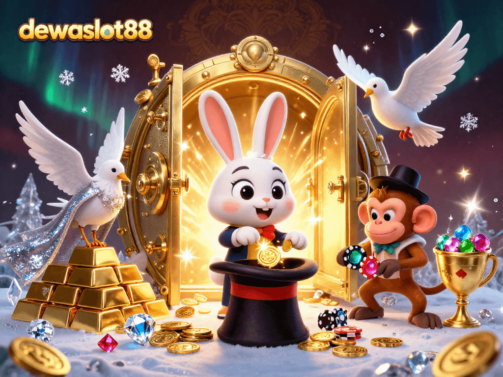Permainan slot dewaslot88 dengan karakter menarik di penuh harta emas dan koin berkilauan.