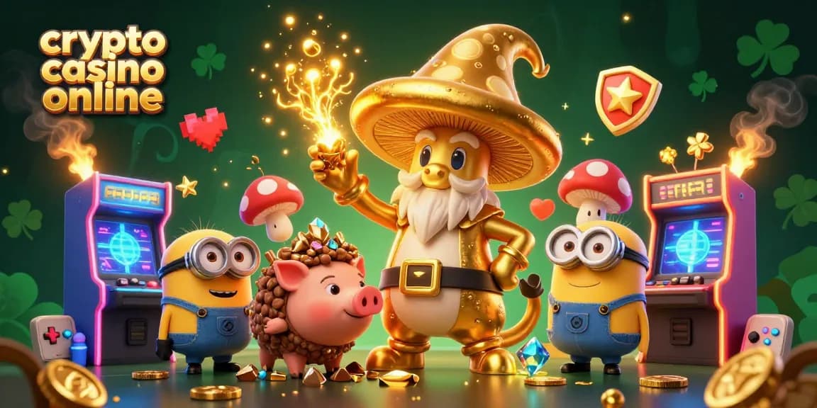 Gioca d'azzardo con criptovalute al crypto casino online circondato da personaggi fantastici e giochi 3D