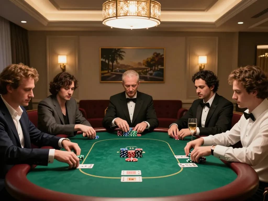 56WIN players engaged in high-stakes poker game at a luxurious private table.