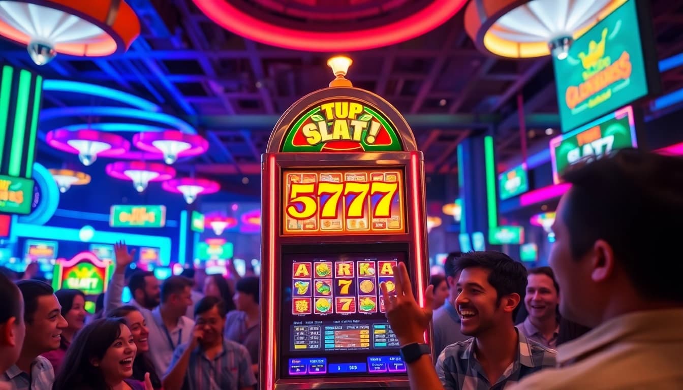 Menangkan slot777 saat bermain mesin slot yang cerah dan berwarna-warni di kasino.