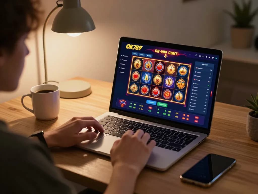 Player enjoying online gaming at home with OK789 app on screen, showcasing vibrant slot games.