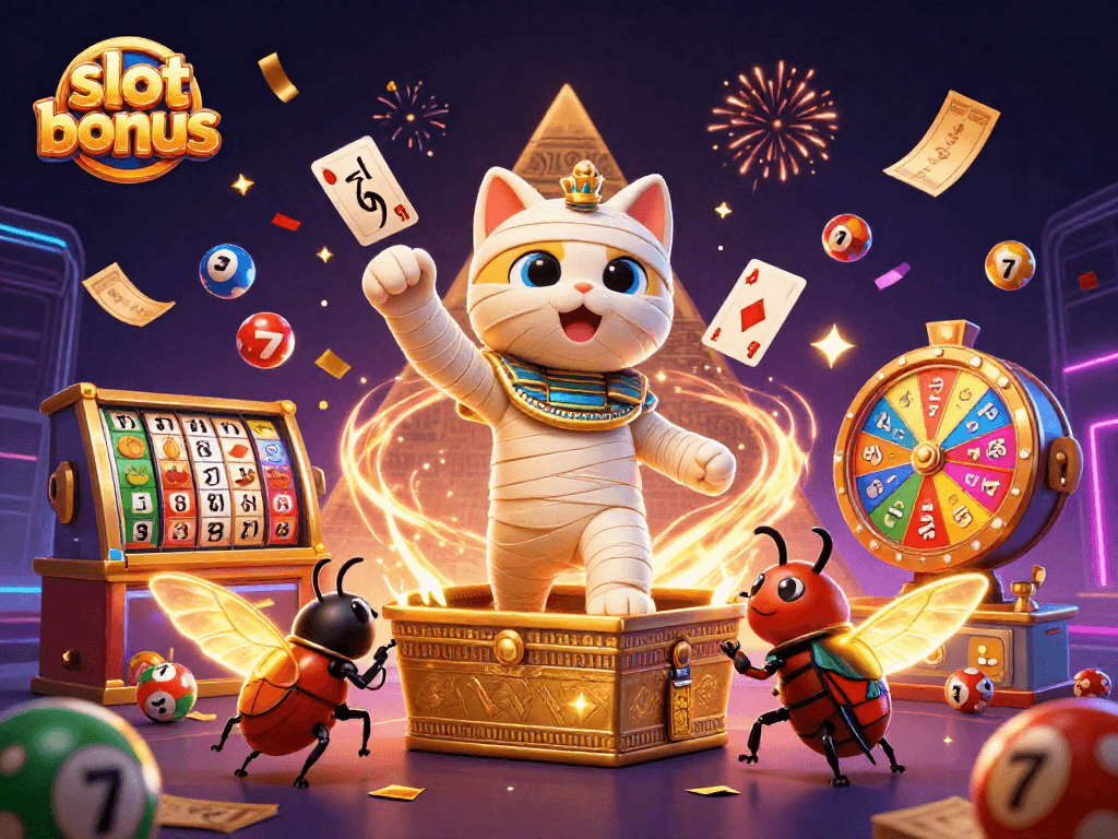 Engage with slot bonus excitement as cartoon mummy cat and scarab beetle celebrate in a vibrant casino.