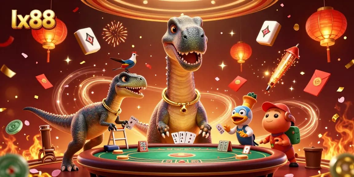 Watch the vibrant lx88 casino scene featuring cartoon dinosaurs engaged in an exciting poker game.