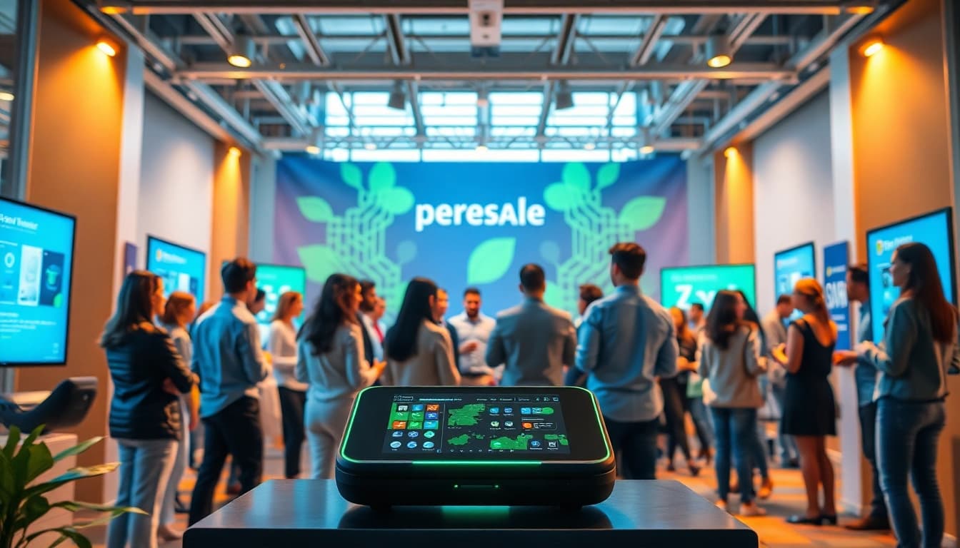 Presale event showcasing a tech startup with diverse professionals discussing innovative products.