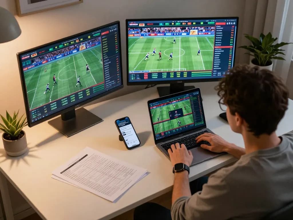 Engaging in strategic sports betting on 28bet with multiple screens displaying live events.