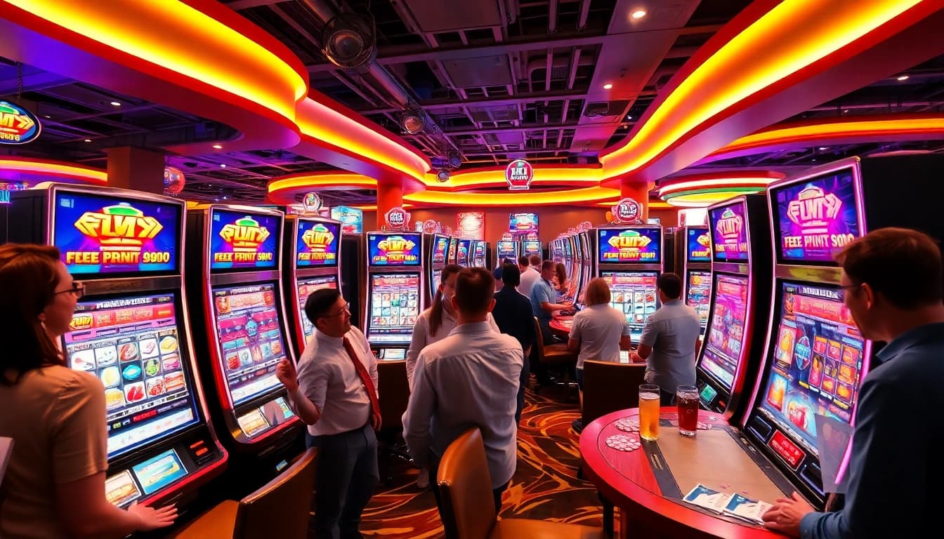 Putaran situs slot demo yang menarik di kasino, menunjukkan mesin slot berwarna-warni dan pemain yang bersemangat.