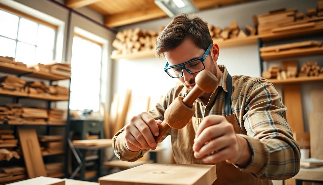 Engaged carpenter honing skills in carpentry apprenticeship focused workshop.
