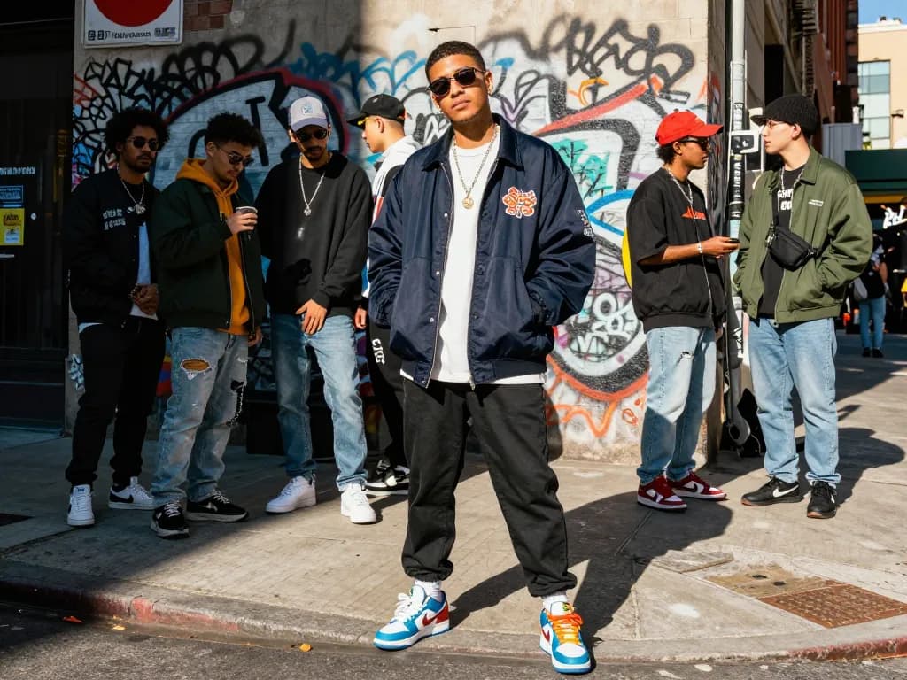 Trendy 레플리카 streetwear showcased in a vibrant urban scene with stylish accessories and graffiti backdrop.
