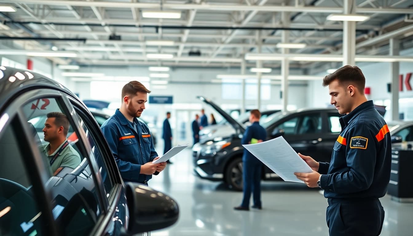 Showcasing transparent warranty coverage in an auto service center with professional technicians at work.