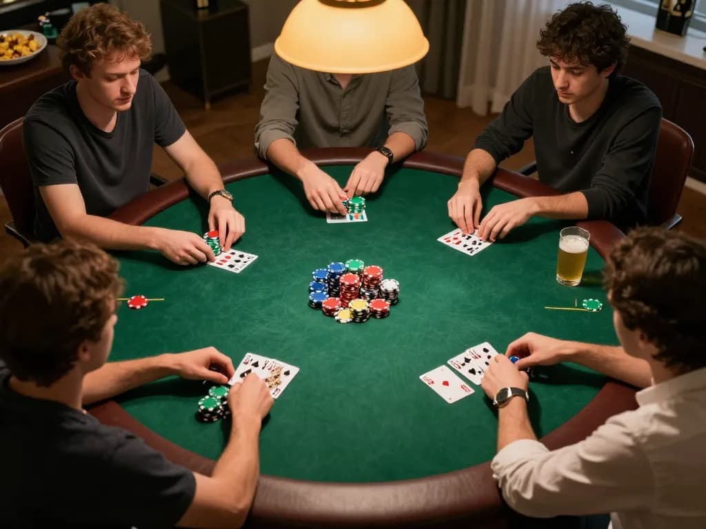 Exciting moment at home poker night, showcasing players engaged in strategy showing Link W88 for online access.