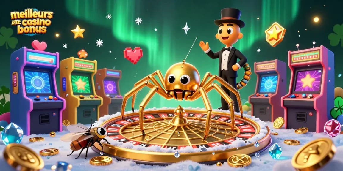 Découvrez les meilleurs sites casino bonus avec une araignée dorée tournant une roulette fascinante dans une scène dynamique.